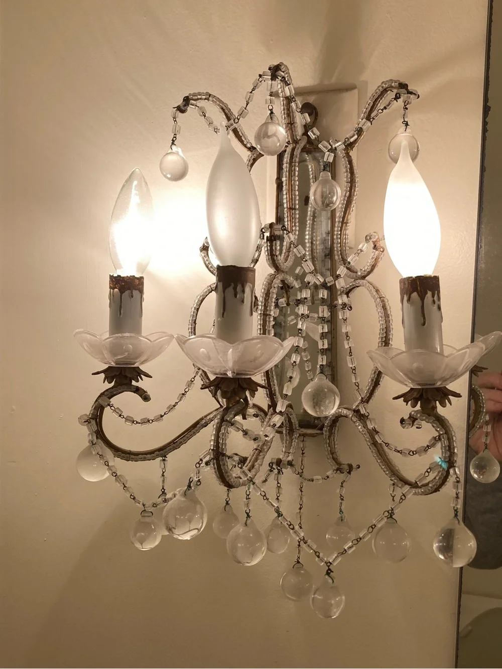 Vintage Italian Macaroni Beaded Glass 3 Light Wall Sconces Pair